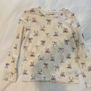 Old Navy Kids Long Sleeve Cream Tee with Pink Bow Design